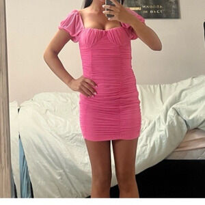 Thatssofetch Tomin Mini Dress Neon Hot Pink Ruched Bodycon Adjustable Hem 6